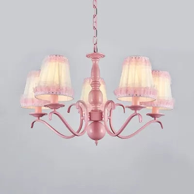 Kids Trapezoid Shade Chandelier with Lace Metal Hanging Lamp in Pink for Restaurant 5 Pink Clearhalo 'Ceiling Lights' 'Chandeliers' Lighting' options 36088_ce6f024f-e1d9-44c3-9b79-281eacc411dc