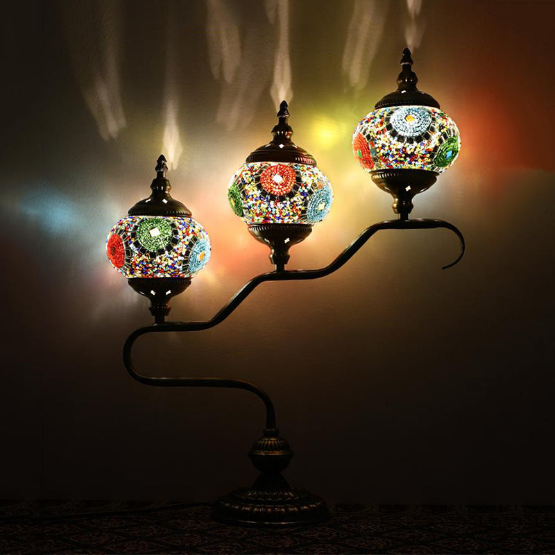 3 Heads Stained Glass Night Light Mediterranean Red/Orange/Blue Tower Bedroom Table Lamp with Step Design Red-Blue-Green Clearhalo 'Lamps' 'Table Lamps' Lighting' 360940