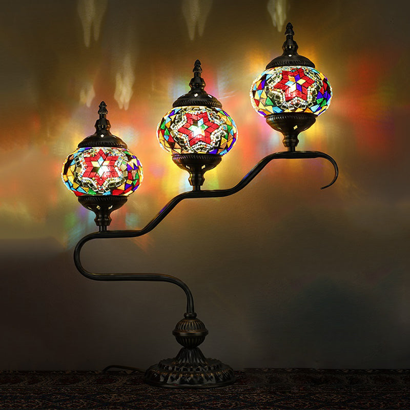 3 Heads Stained Glass Night Light Mediterranean Red/Orange/Blue Tower Bedroom Table Lamp with Step Design Red-Purple Clearhalo 'Lamps' 'Table Lamps' Lighting' 360946