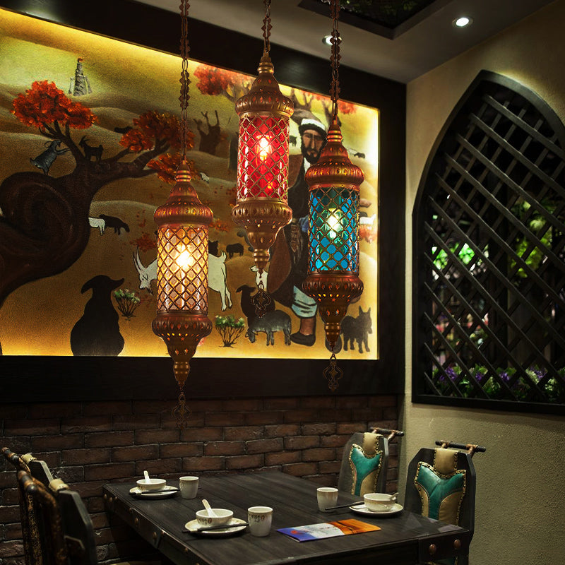 1 Bulb Lantern Hanging Pendant Light Traditional Red/Yellow/Blue Glass Ceiling Suspension Lamp for Restaurant Yellow Clearhalo 'Ceiling Lights' 'Pendant Lights' 'Pendants' Lighting' 360974_5775f52a-7127-42b0-b3e2-cb429c7a0d25