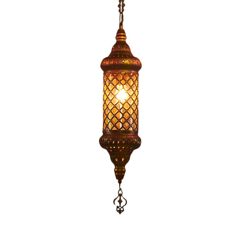 1 Bulb Lantern Hanging Pendant Light Traditional Red/Yellow/Blue Glass Ceiling Suspension Lamp for Restaurant Clearhalo 'Ceiling Lights' 'Pendant Lights' 'Pendants' Lighting' 360977