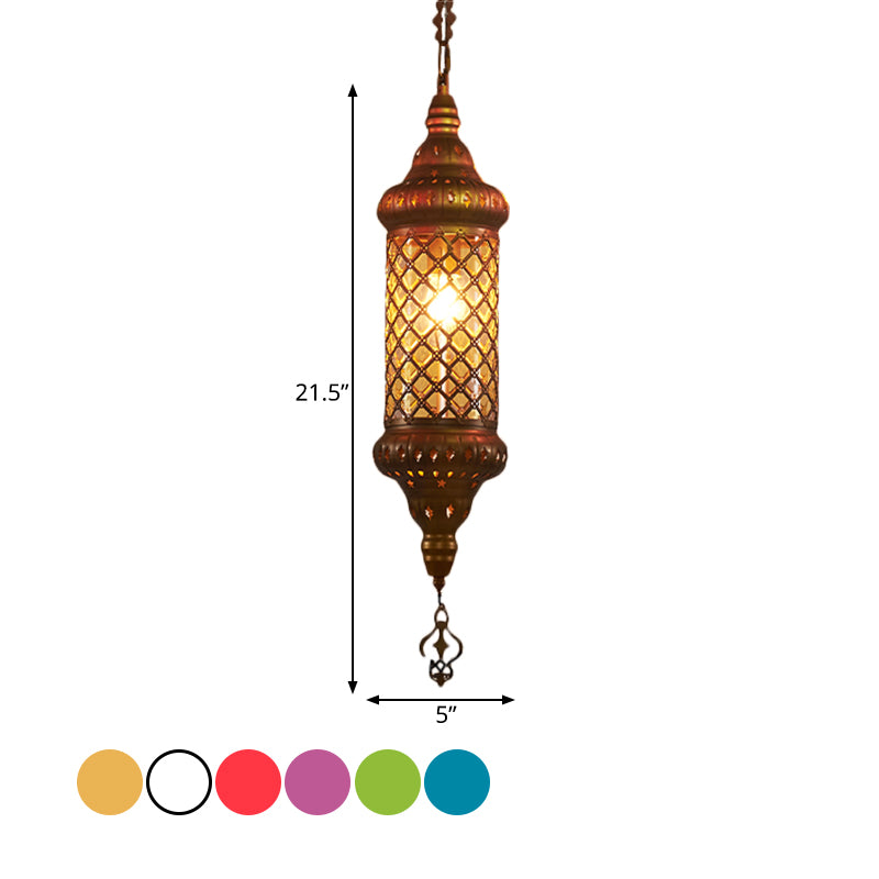 1 Bulb Lantern Hanging Pendant Light Traditional Red/Yellow/Blue Glass Ceiling Suspension Lamp for Restaurant Clearhalo 'Ceiling Lights' 'Pendant Lights' 'Pendants' Lighting' 360978