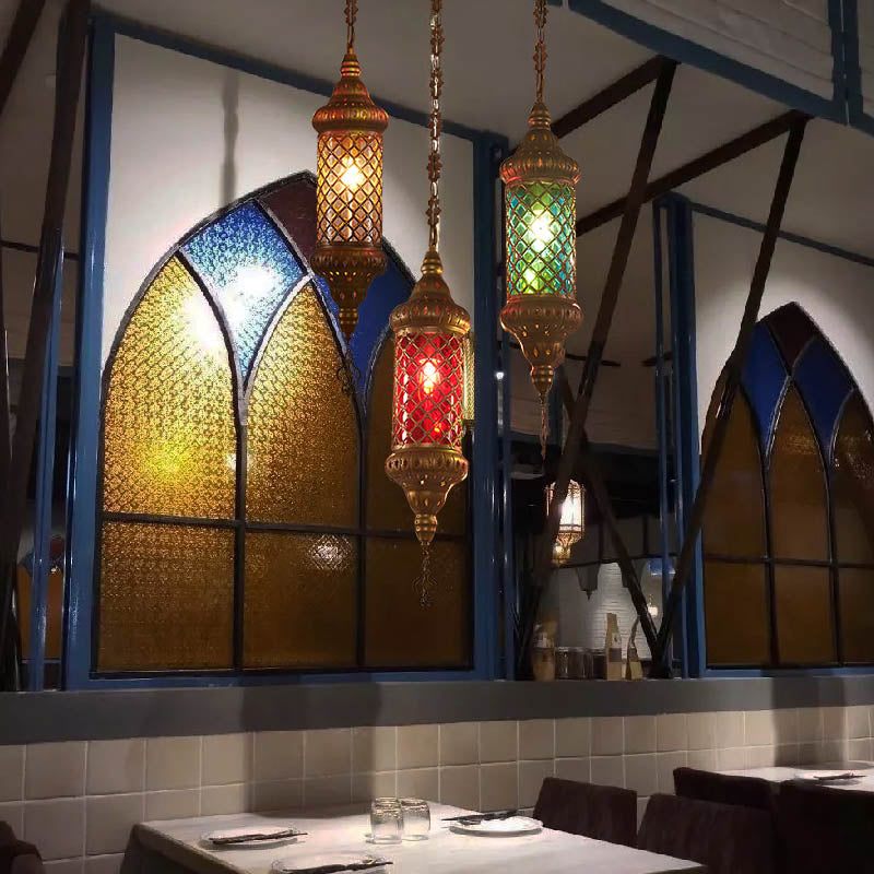1 Bulb Lantern Hanging Pendant Light Traditional Red/Yellow/Blue Glass Ceiling Suspension Lamp for Restaurant Clearhalo 'Ceiling Lights' 'Pendant Lights' 'Pendants' Lighting' 360979