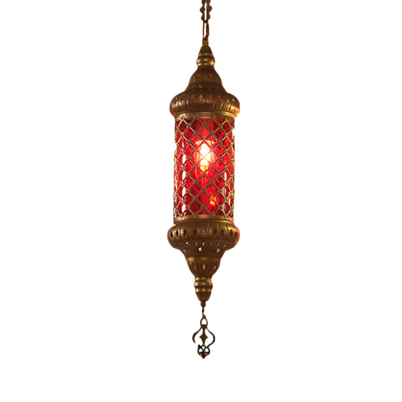 1 Bulb Lantern Hanging Pendant Light Traditional Red/Yellow/Blue Glass Ceiling Suspension Lamp for Restaurant Clearhalo 'Ceiling Lights' 'Pendant Lights' 'Pendants' Lighting' 360983