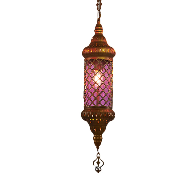 1 Bulb Lantern Hanging Pendant Light Traditional Red/Yellow/Blue Glass Ceiling Suspension Lamp for Restaurant Clearhalo 'Ceiling Lights' 'Pendant Lights' 'Pendants' Lighting' 360984