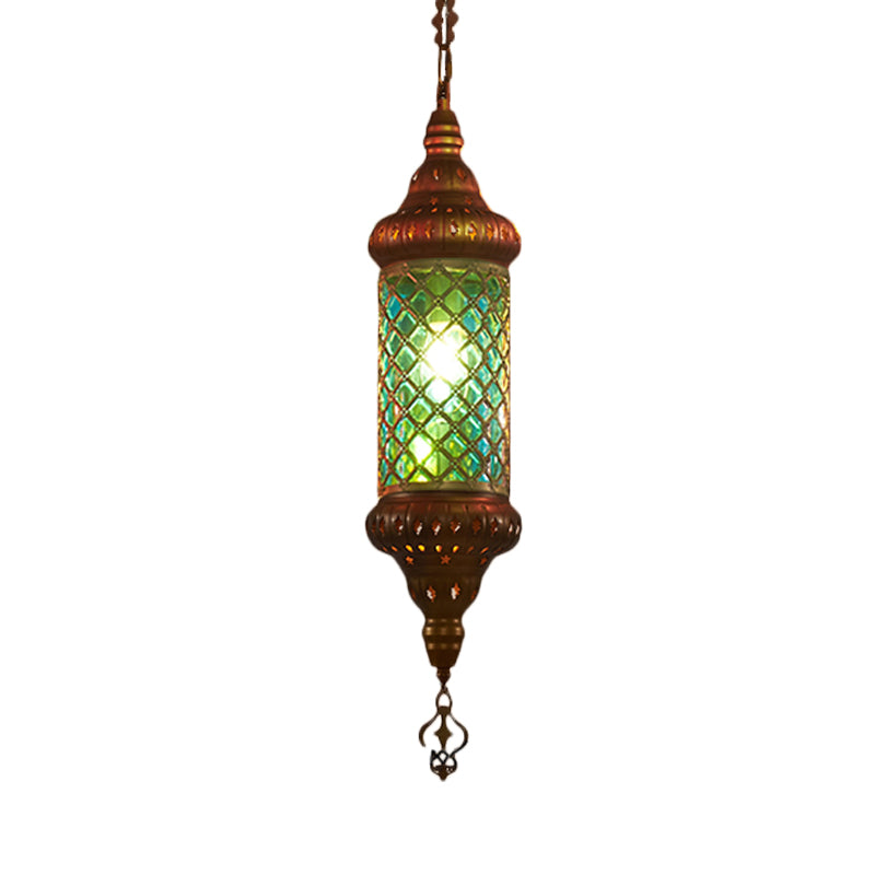 1 Bulb Lantern Hanging Pendant Light Traditional Red/Yellow/Blue Glass Ceiling Suspension Lamp for Restaurant Clearhalo 'Ceiling Lights' 'Pendant Lights' 'Pendants' Lighting' 360985