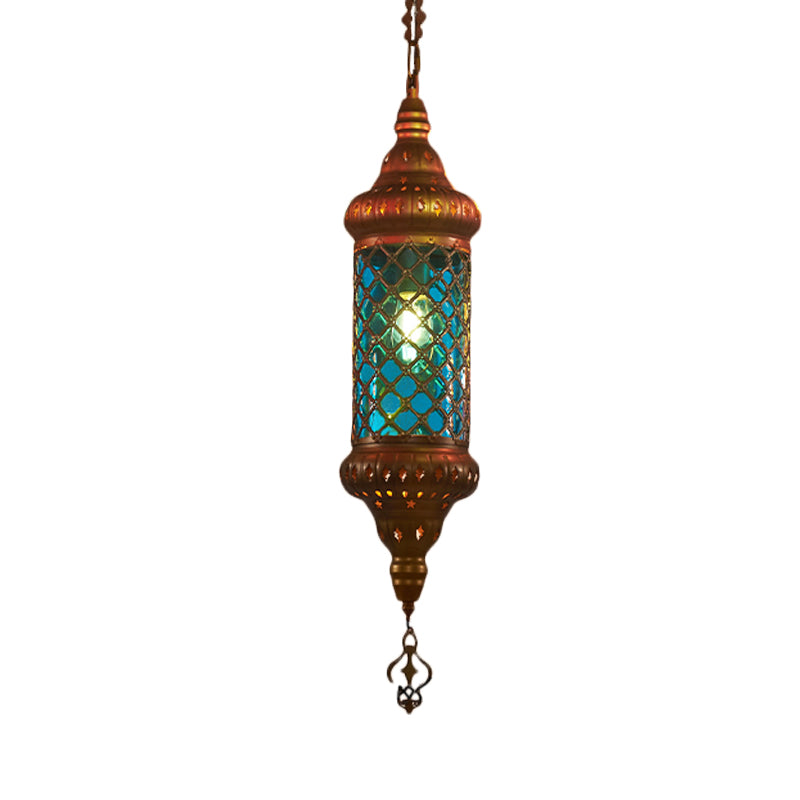 1 Bulb Lantern Hanging Pendant Light Traditional Red/Yellow/Blue Glass Ceiling Suspension Lamp for Restaurant Blue Clearhalo 'Ceiling Lights' 'Pendant Lights' 'Pendants' Lighting' 360986_0662c3af-1509-4a70-81de-c4f082c6edad