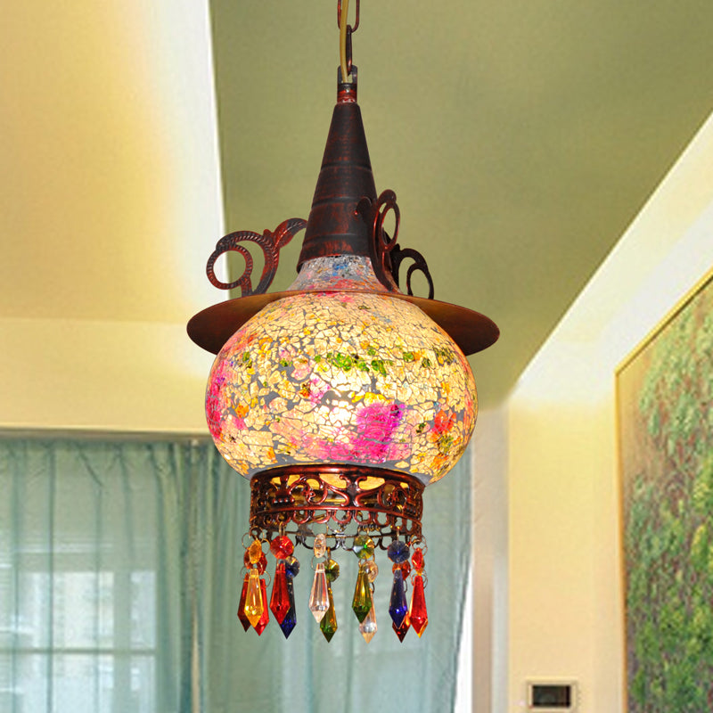 Lantern Porch Pendant Lighting Traditional Cut Glass 1 Head White and Red/Yellow Hanging Ceiling Light Clearhalo 'Ceiling Lights' 'Pendant Lights' 'Pendants' Lighting' 361007