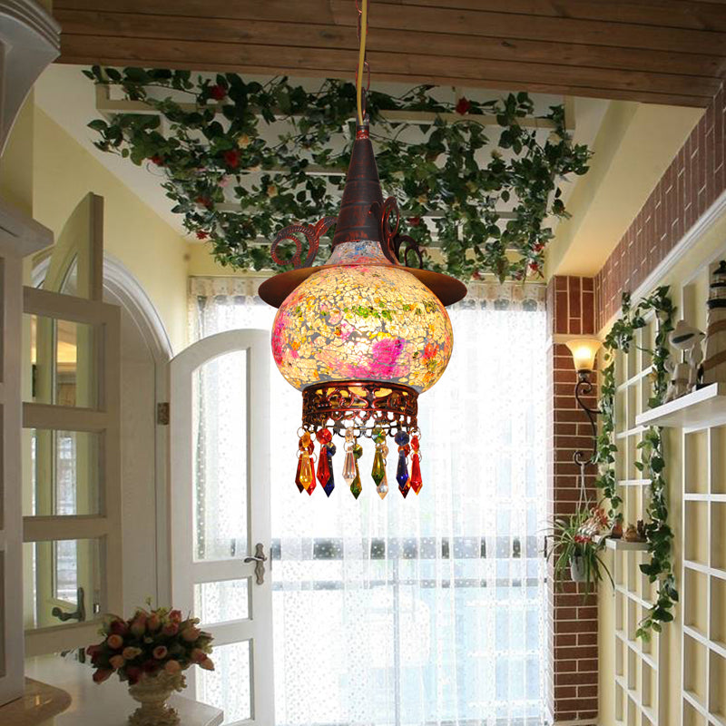 Lantern Porch Pendant Lighting Traditional Cut Glass 1 Head White and Red/Yellow Hanging Ceiling Light Clearhalo 'Ceiling Lights' 'Pendant Lights' 'Pendants' Lighting' 361008