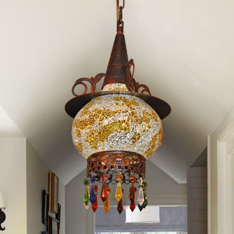 Lantern Porch Pendant Lighting Traditional Cut Glass 1 Head White and Red/Yellow Hanging Ceiling Light Yellow-White Clearhalo 'Ceiling Lights' 'Pendant Lights' 'Pendants' Lighting' 361011_b36436f0-2727-459d-ae0e-5d981818672d