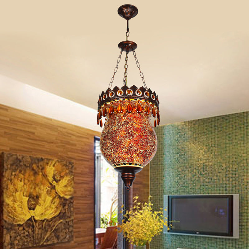 Copper Urn Down Lighting Pendant Retro Hand Cut Glass 1 Light Living Room Ceiling Suspension Lamp Clearhalo 'Ceiling Lights' 'Pendant Lights' 'Pendants' Lighting' 361040