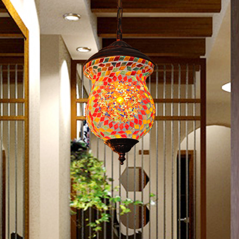 1 Head Urn Pendant Lamp Traditional Copper Stained Art Glass Hanging Light Fixture for Foyer Clearhalo 'Ceiling Lights' 'Pendant Lights' 'Pendants' Lighting' 361045