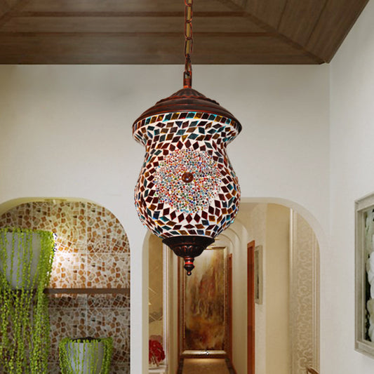 1 Head Urn Pendant Lamp Traditional Copper Stained Art Glass Hanging Light Fixture for Foyer Clearhalo 'Ceiling Lights' 'Pendant Lights' 'Pendants' Lighting' 361047