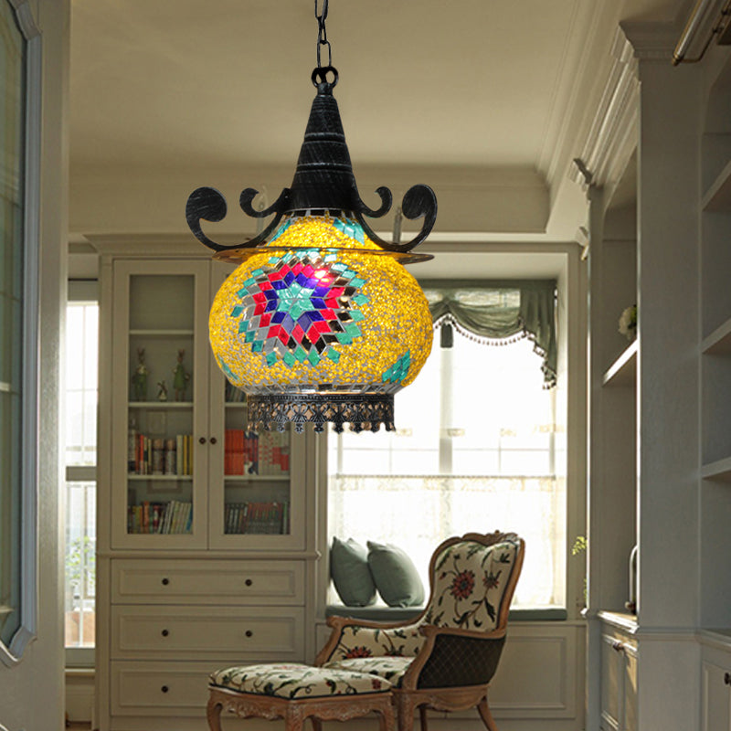 Bohemia Ball Drop Lamp 1 Head Handcrafted Stained Glass Pendant Ceiling Light in Beige/Yellow/Green Yellow Clearhalo 'Ceiling Lights' 'Pendant Lights' 'Pendants' Lighting' 361050_06d05eba-e613-478c-9463-c6aa030ef9fa