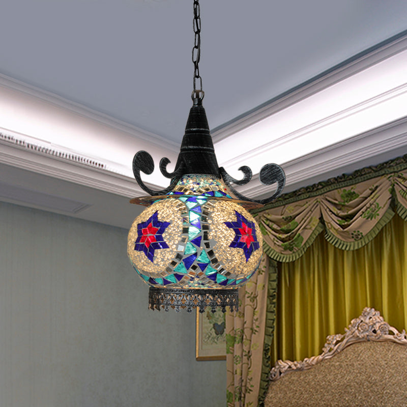 Bohemia Ball Drop Lamp 1 Head Handcrafted Stained Glass Pendant Ceiling Light in Beige/Yellow/Green Beige Clearhalo 'Ceiling Lights' 'Pendant Lights' 'Pendants' Lighting' 361063_8d758330-addc-4576-9474-880377343a4e