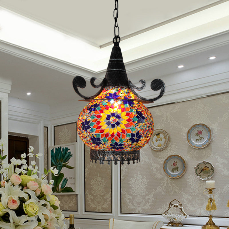 Bohemia Ball Drop Lamp 1 Head Handcrafted Stained Glass Pendant Ceiling Light in Beige/Yellow/Green Royal Blue Clearhalo 'Ceiling Lights' 'Pendant Lights' 'Pendants' Lighting' 361068_85840ee2-79f6-48b6-90c9-7b2168a4091a