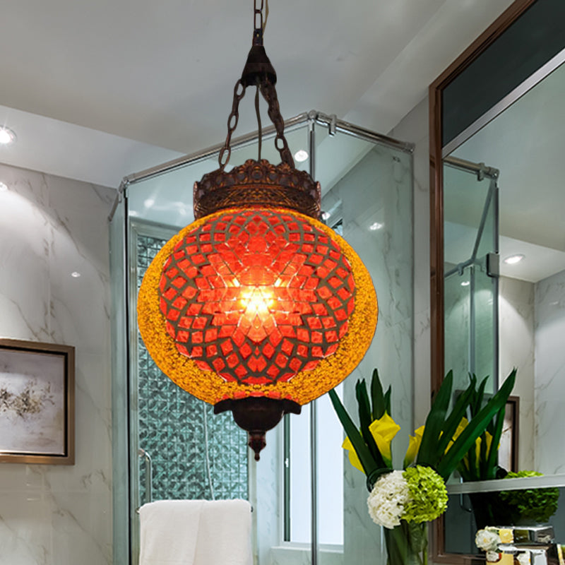 Turkish Globe Hanging Pendant 1 Head Handcrafted Art Glass Suspended Lighting Fixture in Blue/Orange Red Orange Red Clearhalo 'Ceiling Lights' 'Pendant Lights' 'Pendants' Lighting' 361163_4e9df562-9f72-4ba2-965c-a48d65db165f