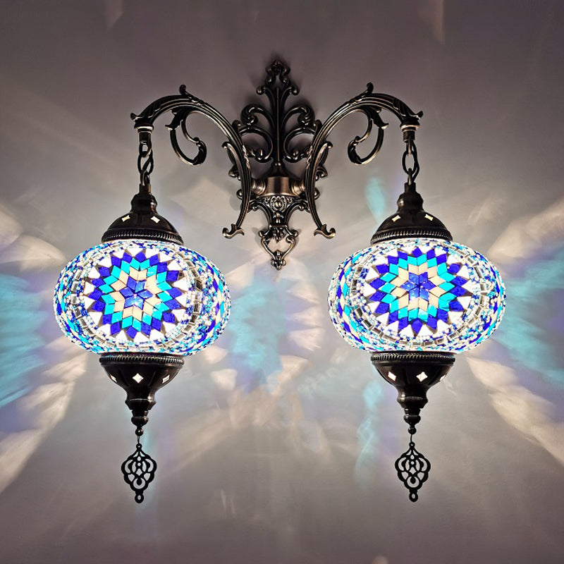 Turkish Sphere Sconce Light Fixture 2 Bulbs Hand Cut Glass Wall Mount Lighting in White/Red/Pink Blue Clearhalo 'Wall Lamps & Sconces' 'Wall Lights' Lighting' 361193