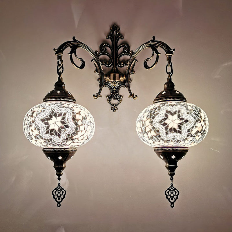 Turkish Sphere Sconce Light Fixture 2 Bulbs Hand Cut Glass Wall Mount Lighting in White/Red/Pink White Clearhalo 'Wall Lamps & Sconces' 'Wall Lights' Lighting' 361195