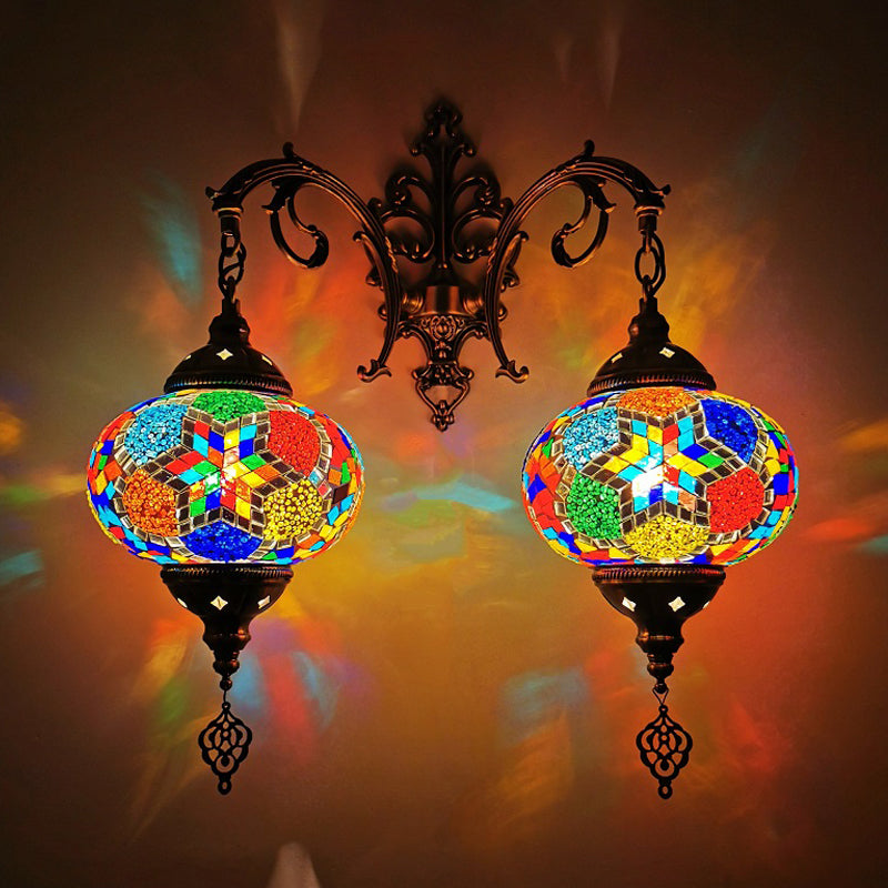 Turkish Sphere Sconce Light Fixture 2 Bulbs Hand Cut Glass Wall Mount Lighting in White/Red/Pink Red-Yellow-Blue Clearhalo 'Wall Lamps & Sconces' 'Wall Lights' Lighting' 361199