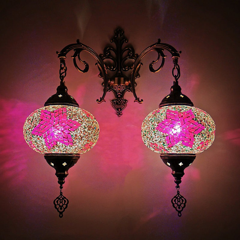 Turkish Sphere Sconce Light Fixture 2 Bulbs Hand Cut Glass Wall Mount Lighting in White/Red/Pink Pink Clearhalo 'Wall Lamps & Sconces' 'Wall Lights' Lighting' 361203