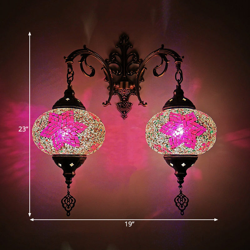 Turkish Sphere Sconce Light Fixture 2 Bulbs Hand Cut Glass Wall Mount Lighting in White/Red/Pink Clearhalo 'Wall Lamps & Sconces' 'Wall Lights' Lighting' 361204