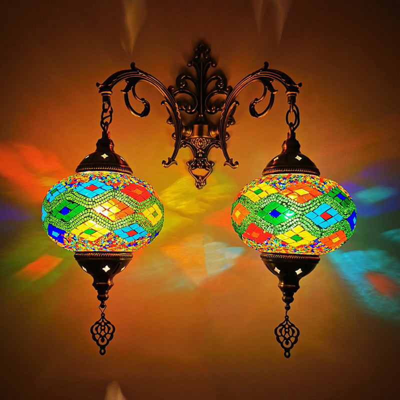 Turkish Sphere Sconce Light Fixture 2 Bulbs Hand Cut Glass Wall Mount Lighting in White/Red/Pink Green Clearhalo 'Wall Lamps & Sconces' 'Wall Lights' Lighting' 361209