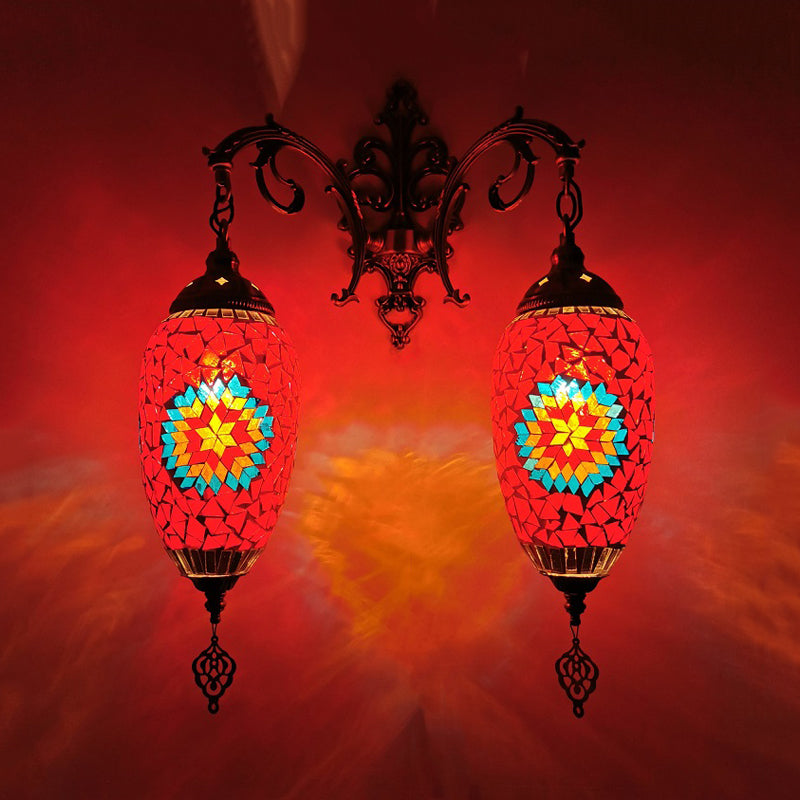 Droplet Stained Glass Wall Lighting Mediterranean 2 Heads Bar Wall Mount Lamp in Red/Orange/Green Red Clearhalo 'Wall Lamps & Sconces' 'Wall Lights' Lighting' 361213