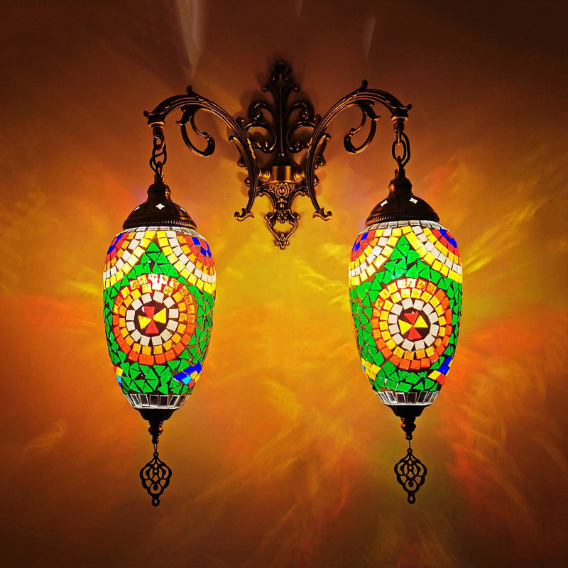 Droplet Stained Glass Wall Lighting Mediterranean 2 Heads Bar Wall Mount Lamp in Red/Orange/Green Green Clearhalo 'Wall Lamps & Sconces' 'Wall Lights' Lighting' 361217