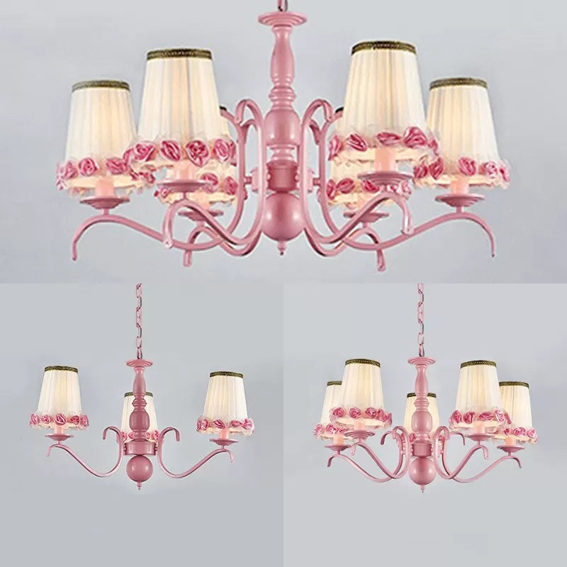 Fabric Tapered Shade Chandelier Kids Hanging Light with Flower in Pink for Girls Bedroom Clearhalo 'Ceiling Lights' 'Chandeliers' Lighting' options 36122