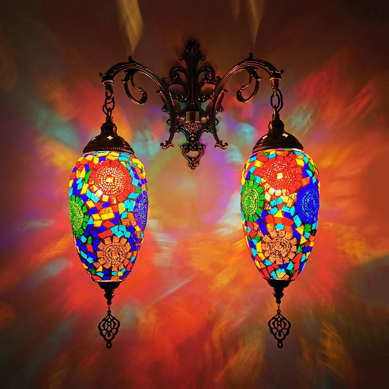 Droplet Stained Glass Wall Lighting Mediterranean 2 Heads Bar Wall Mount Lamp in Red/Orange/Green Red-Blue Clearhalo 'Wall Lamps & Sconces' 'Wall Lights' Lighting' 361221