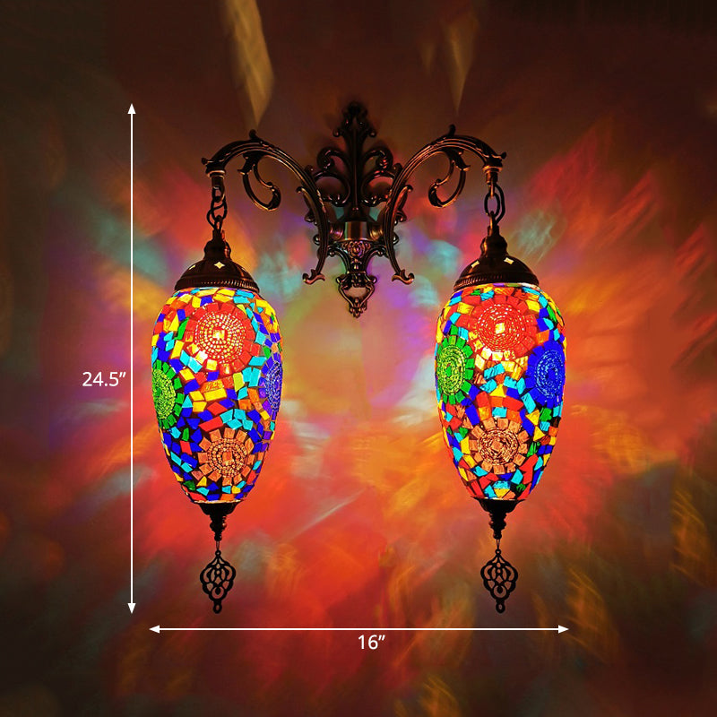 Droplet Stained Glass Wall Lighting Mediterranean 2 Heads Bar Wall Mount Lamp in Red/Orange/Green Clearhalo 'Wall Lamps & Sconces' 'Wall Lights' Lighting' 361222