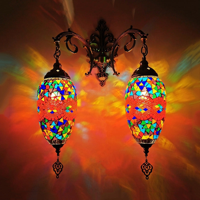 Droplet Stained Glass Wall Lighting Mediterranean 2 Heads Bar Wall Mount Lamp in Red/Orange/Green Burgundy Clearhalo 'Wall Lamps & Sconces' 'Wall Lights' Lighting' 361223