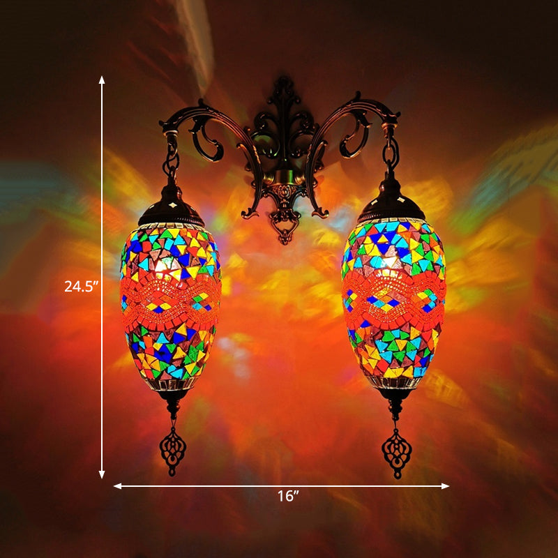 Droplet Stained Glass Wall Lighting Mediterranean 2 Heads Bar Wall Mount Lamp in Red/Orange/Green Clearhalo 'Wall Lamps & Sconces' 'Wall Lights' Lighting' 361224