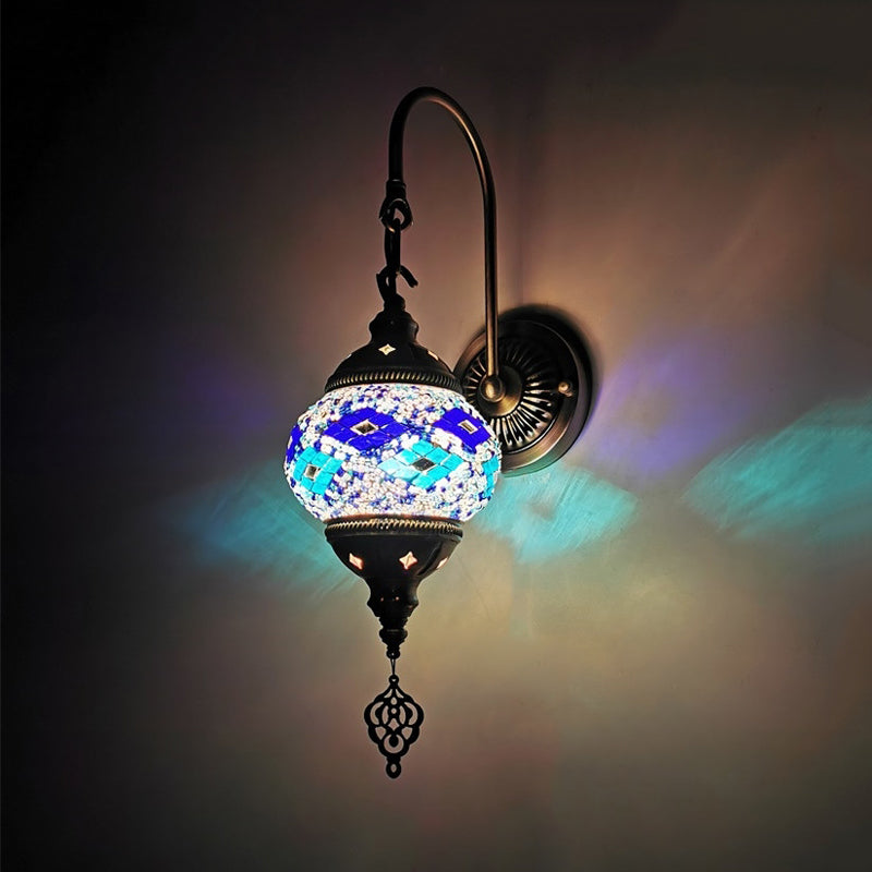 Orb Restaurant Wall Sconce Light Traditionalism Stained Glass 1 Head Yellow/Gold/Lake Blue Wall Lighting Fixture Lake Blue Clearhalo 'Wall Lamps & Sconces' 'Wall Lights' Lighting' 361227