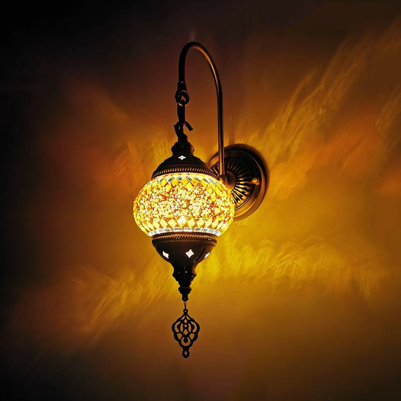 Orb Restaurant Wall Sconce Light Traditionalism Stained Glass 1 Head Yellow/Gold/Lake Blue Wall Lighting Fixture Gold Clearhalo 'Wall Lamps & Sconces' 'Wall Lights' Lighting' 361233