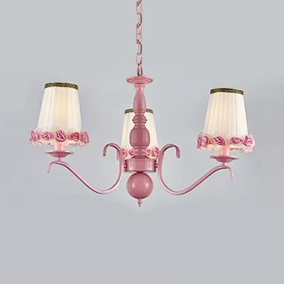 Fabric Tapered Shade Chandelier Kids Hanging Light with Flower in Pink for Girls Bedroom 3 Pink Clearhalo 'Ceiling Lights' 'Chandeliers' Lighting' options 36123_4a1cea2b-dcba-4d3a-89fa-51d5f1252159