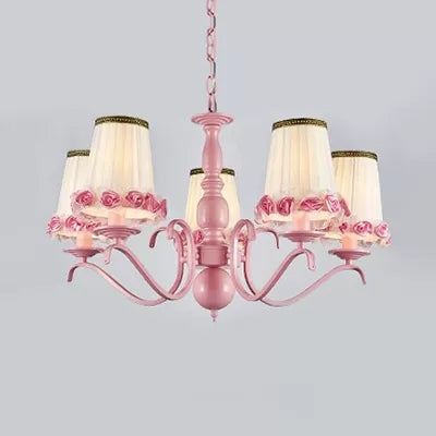 Fabric Tapered Shade Chandelier Kids Hanging Light with Flower in Pink for Girls Bedroom 5 Pink Clearhalo 'Ceiling Lights' 'Chandeliers' Lighting' options 36125_0a6af26b-03b8-4f5c-9ea4-3eebd6ae626d