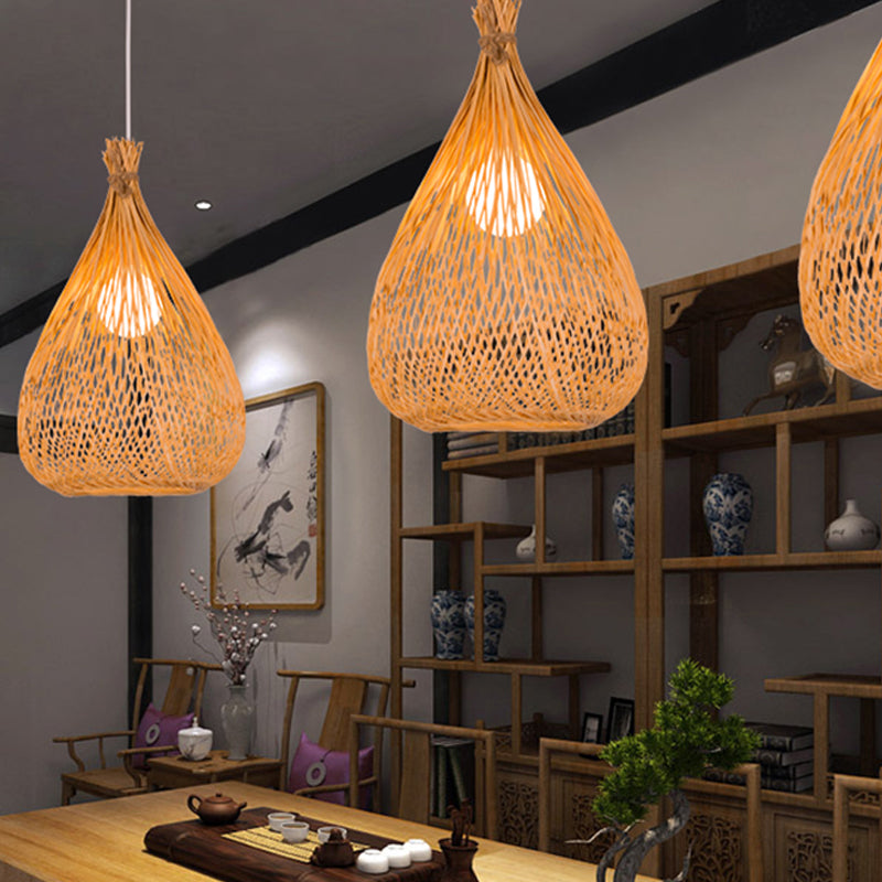 Hand-Woven Pendant Lighting Japanese Bamboo 1 Bulb Wood Ceiling Suspension Lamp for Tearoom Clearhalo 'Ceiling Lights' 'Pendant Lights' 'Pendants' Lighting' 361275