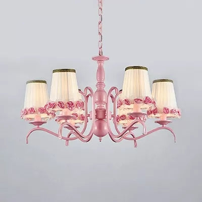 Fabric Tapered Shade Chandelier Kids Hanging Light with Flower in Pink for Girls Bedroom 6 Pink Clearhalo 'Ceiling Lights' 'Chandeliers' Lighting' options 36127_b5124b86-e7ba-44e7-914b-ad341e13c117