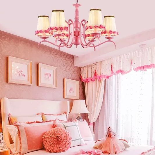 Fabric Tapered Shade Chandelier Kids Hanging Light with Flower in Pink for Girls Bedroom Clearhalo 'Ceiling Lights' 'Chandeliers' Lighting' options 36129