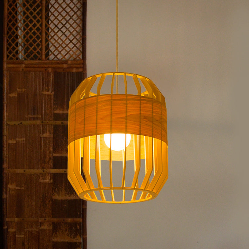 Japanese Laser Cut Hanging Light Wood 1 Bulb Pendant Lighting Fixture in Beige for Restaurant Clearhalo 'Ceiling Lights' 'Pendant Lights' 'Pendants' Lighting' 361305