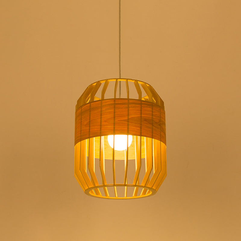 Japanese Laser Cut Hanging Light Wood 1 Bulb Pendant Lighting Fixture in Beige for Restaurant Clearhalo 'Ceiling Lights' 'Pendant Lights' 'Pendants' Lighting' 361306