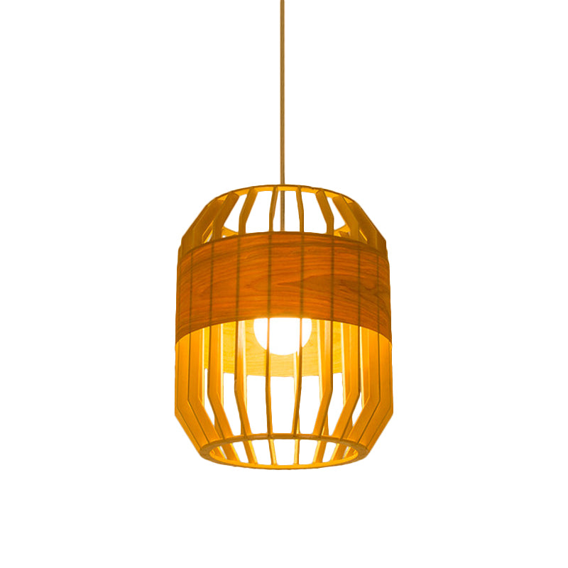 Japanese Laser Cut Hanging Light Wood 1 Bulb Pendant Lighting Fixture in Beige for Restaurant Clearhalo 'Ceiling Lights' 'Pendant Lights' 'Pendants' Lighting' 361307