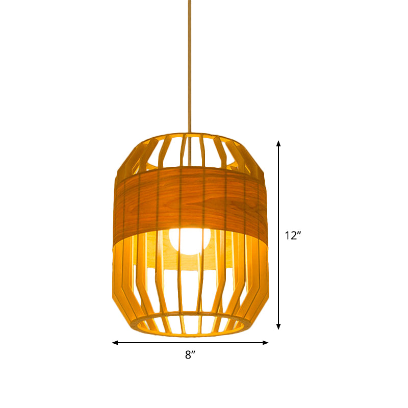 Japanese Laser Cut Hanging Light Wood 1 Bulb Pendant Lighting Fixture in Beige for Restaurant Clearhalo 'Ceiling Lights' 'Pendant Lights' 'Pendants' Lighting' 361308