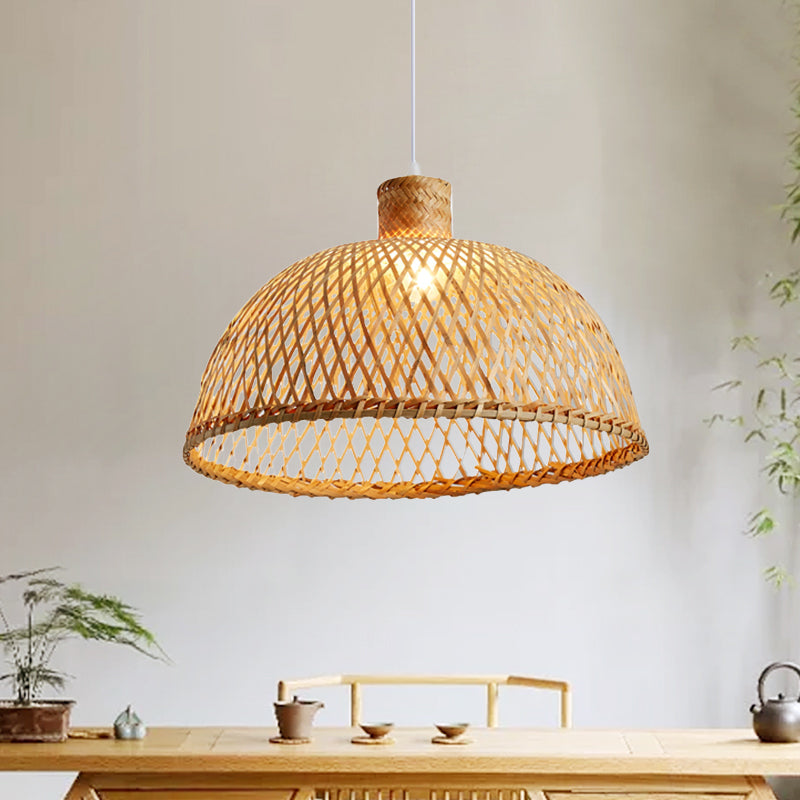 1 Bulb Tearoom Ceiling Lamp Asian Wood Hanging Pendant Light with Dome Bamboo Shade Wood Clearhalo 'Ceiling Lights' 'Pendant Lights' 'Pendants' Lighting' 361349_412d69cc-bfbe-4ef1-b38b-7b692fc8867f