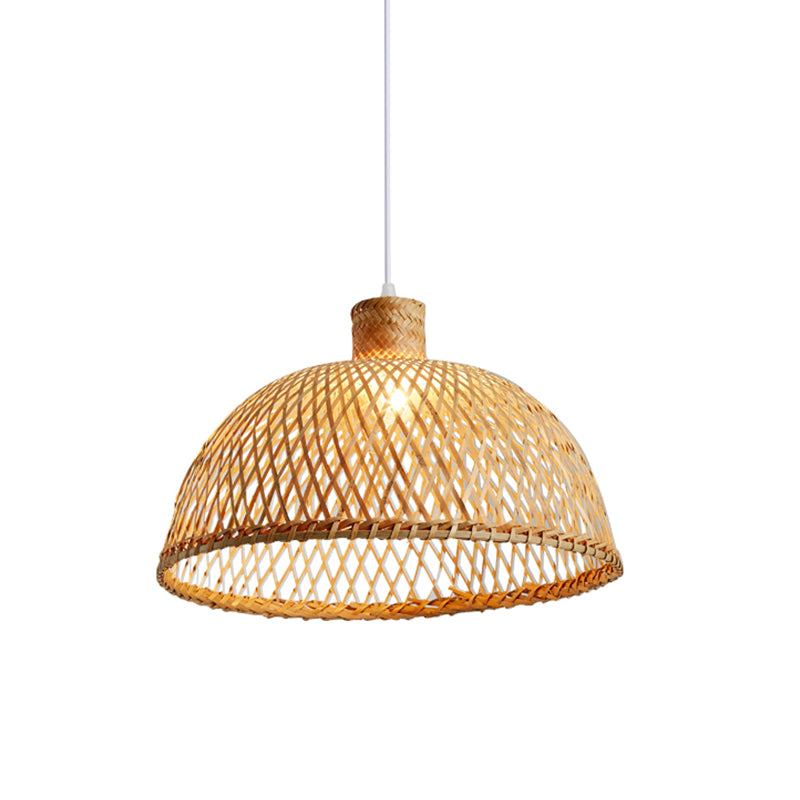 1 Bulb Tearoom Ceiling Lamp Asian Wood Hanging Pendant Light with Dome Bamboo Shade Clearhalo 'Ceiling Lights' 'Pendant Lights' 'Pendants' Lighting' 361352