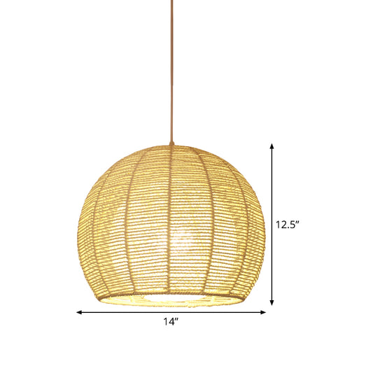 Chinese 1 Head Ceiling Lamp Beige Sphere Hanging Light Fixture with Bamboo Shade Clearhalo 'Ceiling Lights' 'Pendant Lights' 'Pendants' Lighting' 361373