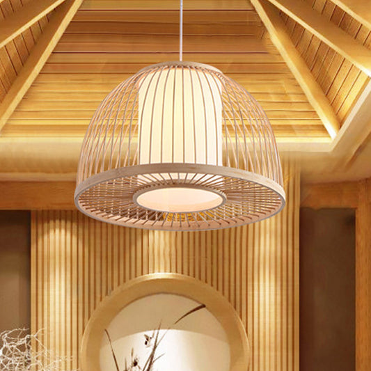 Domed Pendant Light Asian Bamboo 1 Bulb 14"/16" Wide Wood Suspended Lighting Fixture Clearhalo 'Ceiling Lights' 'Pendant Lights' 'Pendants' Lighting' 361374