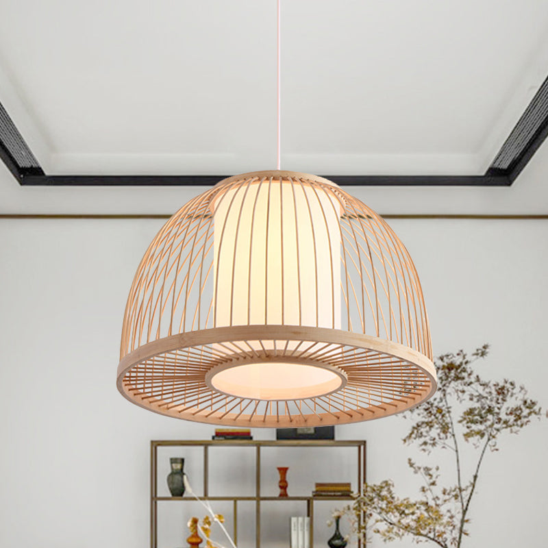 Domed Pendant Light Asian Bamboo 1 Bulb 14"/16" Wide Wood Suspended Lighting Fixture Clearhalo 'Ceiling Lights' 'Pendant Lights' 'Pendants' Lighting' 361375